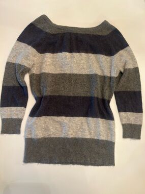 Kenar Women’s Angora Crewneck Sweater in Gray & Navy Stripes